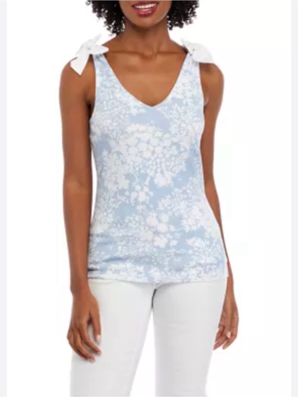 crown & ivy Light Blue and White Floral Tie-Shoulder Tank Top